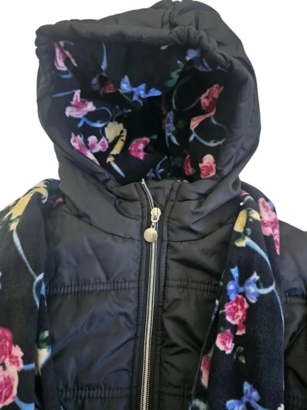 Girls R1881 S Rothschild Black Floral Puffer Jacket Coat Med 10/12 Hooded Scarf